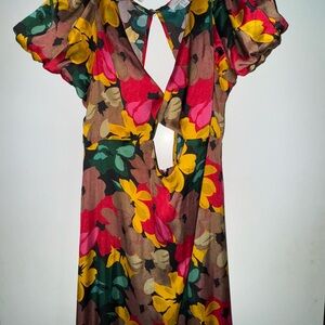 Topshop Bold Floral Tie Front Midi Dress Puff Sleeve Multi
